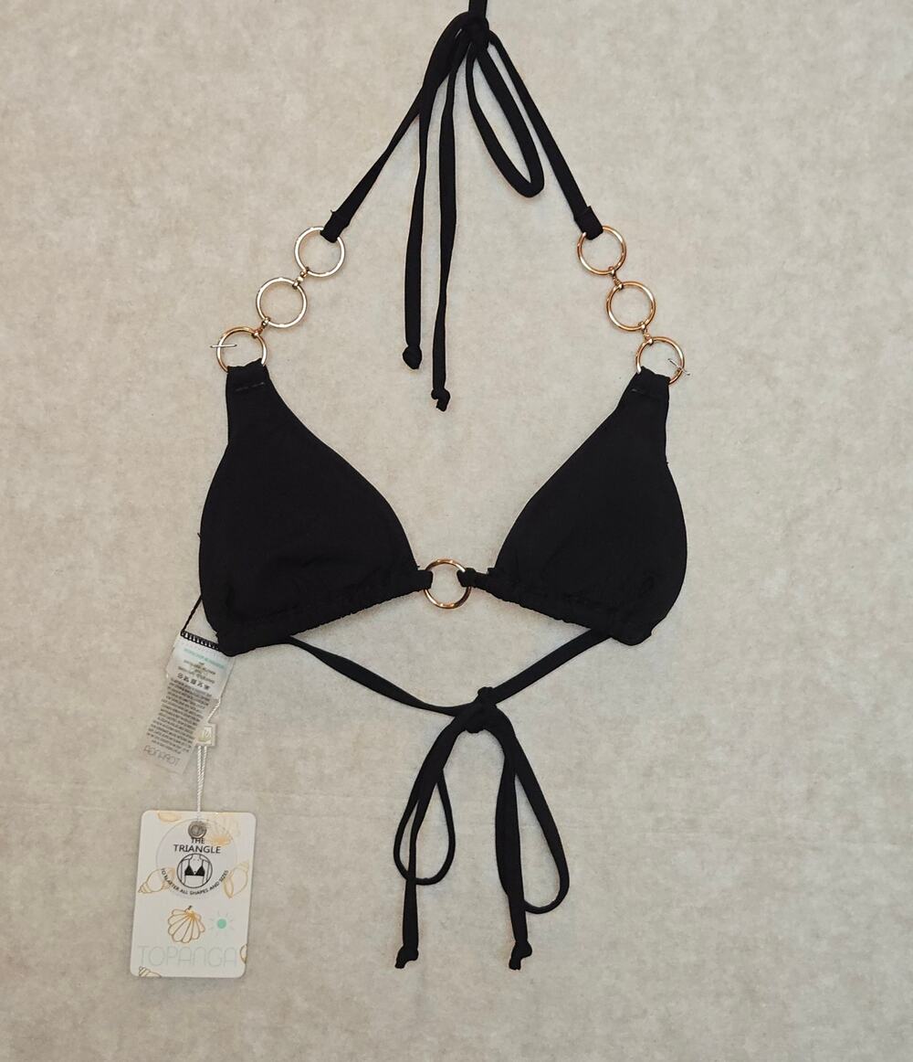Topanga Ezra Ring Triangle Bikini Top M Black Gold Hardware NWT Swimwear